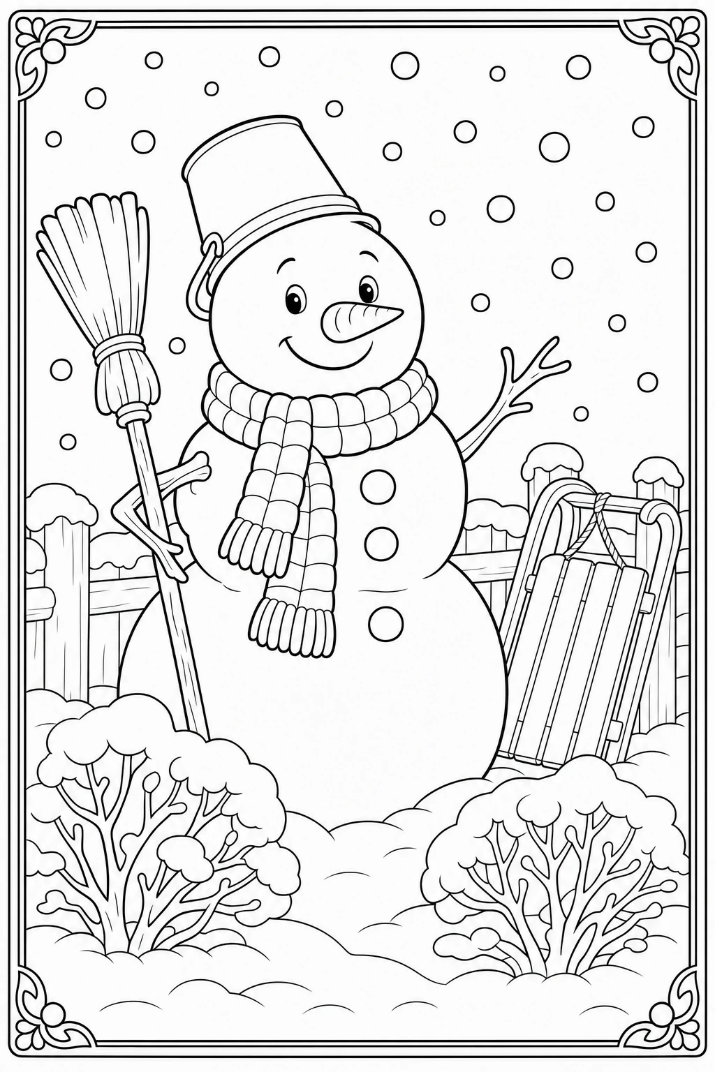 Coloriage bonhomme de neige avec son balai et son écharpe à imprimer