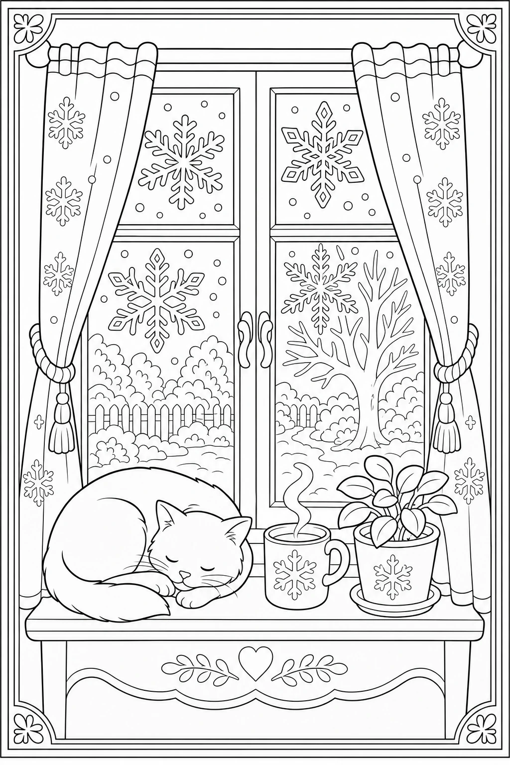 Coloriage flocons de givre sur la fenêtre avec un chat à imprimer