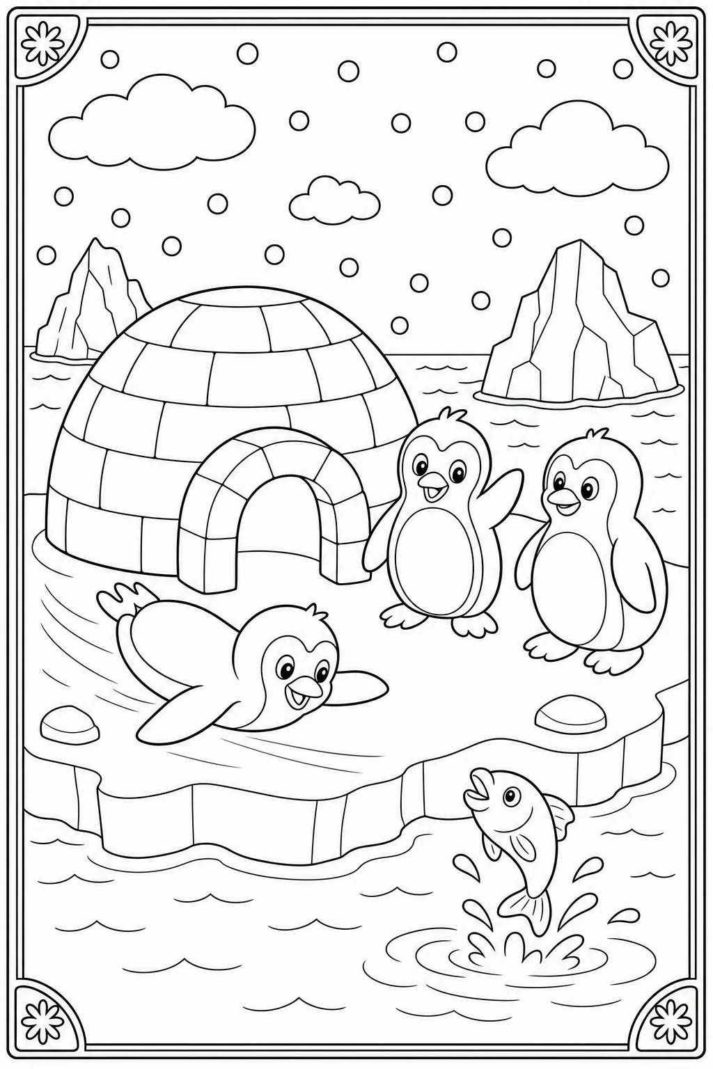 Coloriage igloo et pingouins sur la banquise à imprimer pour la maternelle