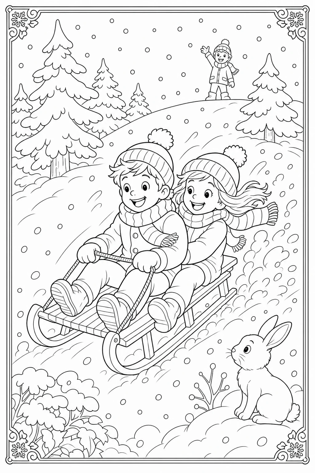 Coloriage enfants qui descendent en luge dans la neige à imprimer