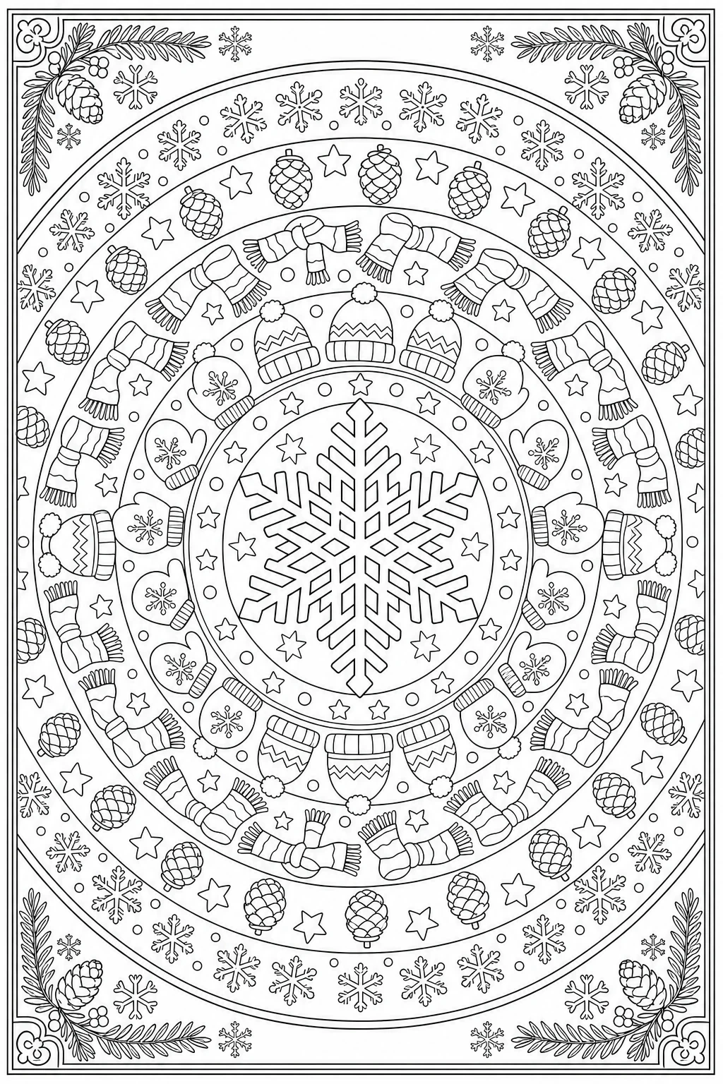 Coloriage mandala d'hiver avec flocons et moufles à imprimer