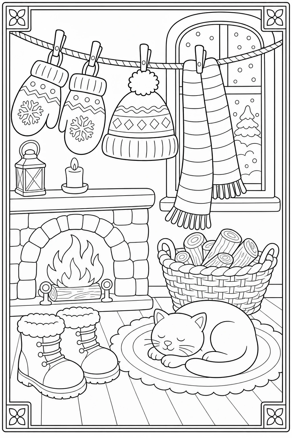 Coloriage moufles, bonnet et écharpe devant la cheminée à imprimer