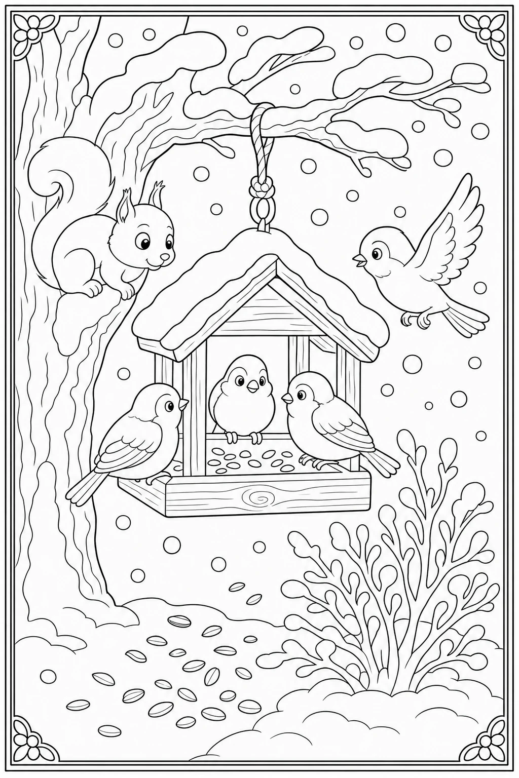 Coloriage oiseaux à la mangeoire en hiver à imprimer pour la maternelle