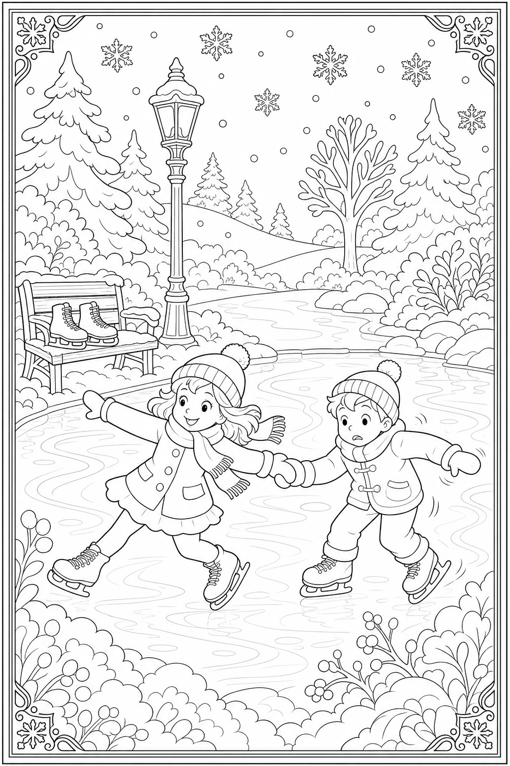 Coloriage enfants qui patinent sur l'étang gelé à imprimer
