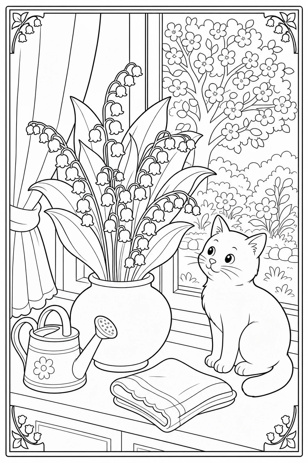 Coloriage bouquet de muguet dans un vase sur la fenêtre à imprimer