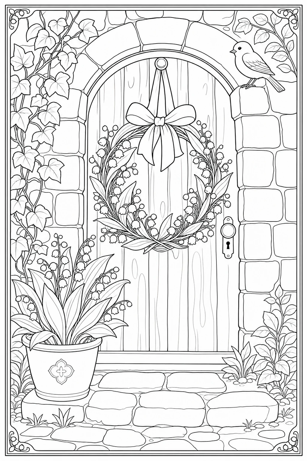 Coloriage couronne de muguet sur la porte d'entrée à imprimer