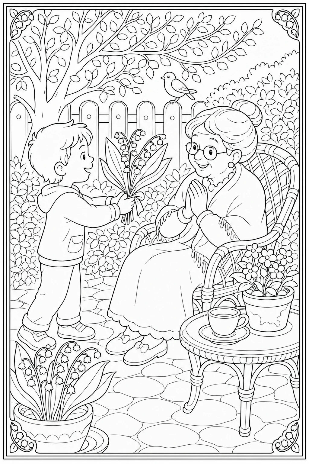 Coloriage enfant qui offre du muguet à sa grand-mère à imprimer