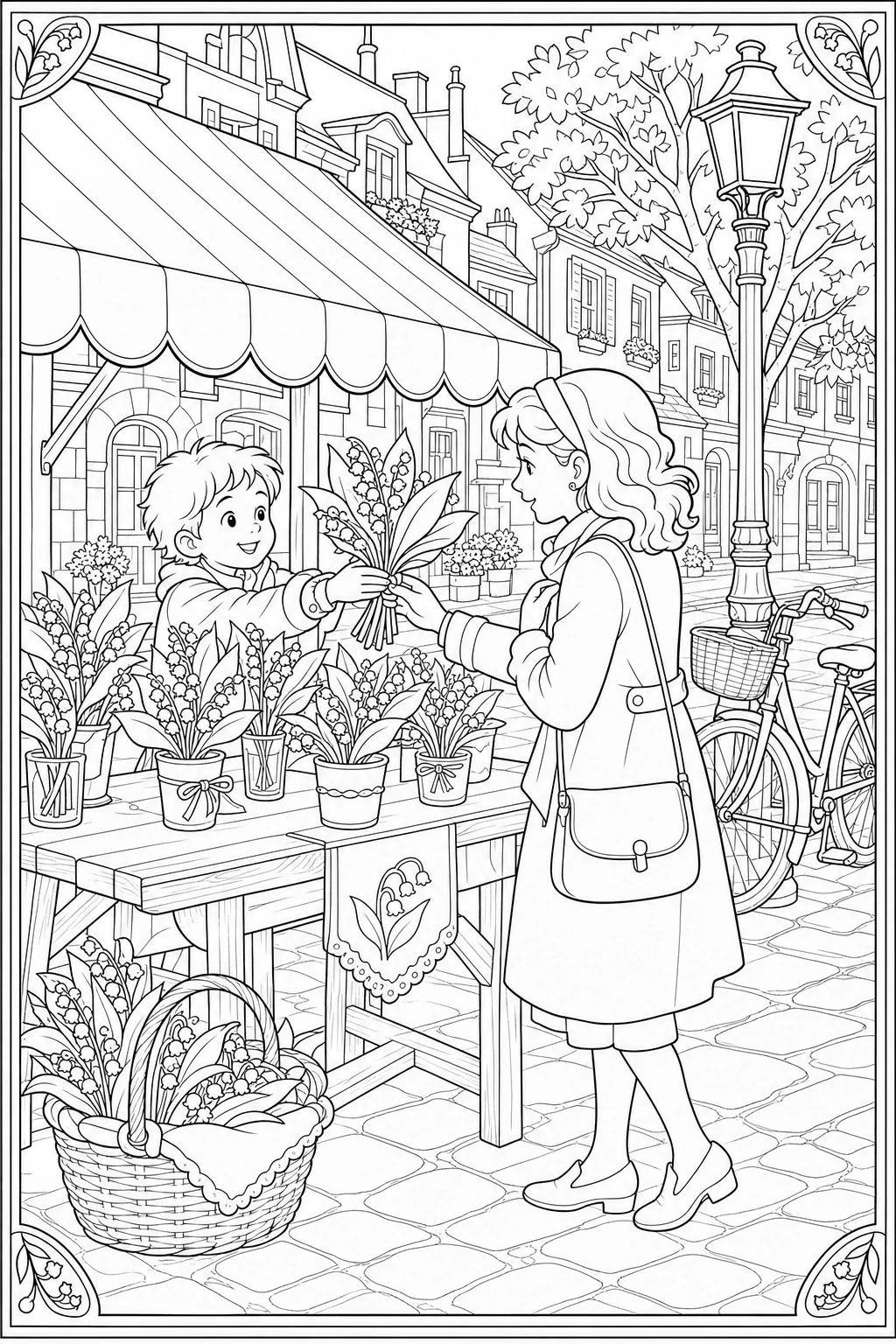 Coloriage étal de muguet du 1er mai dans la rue à imprimer