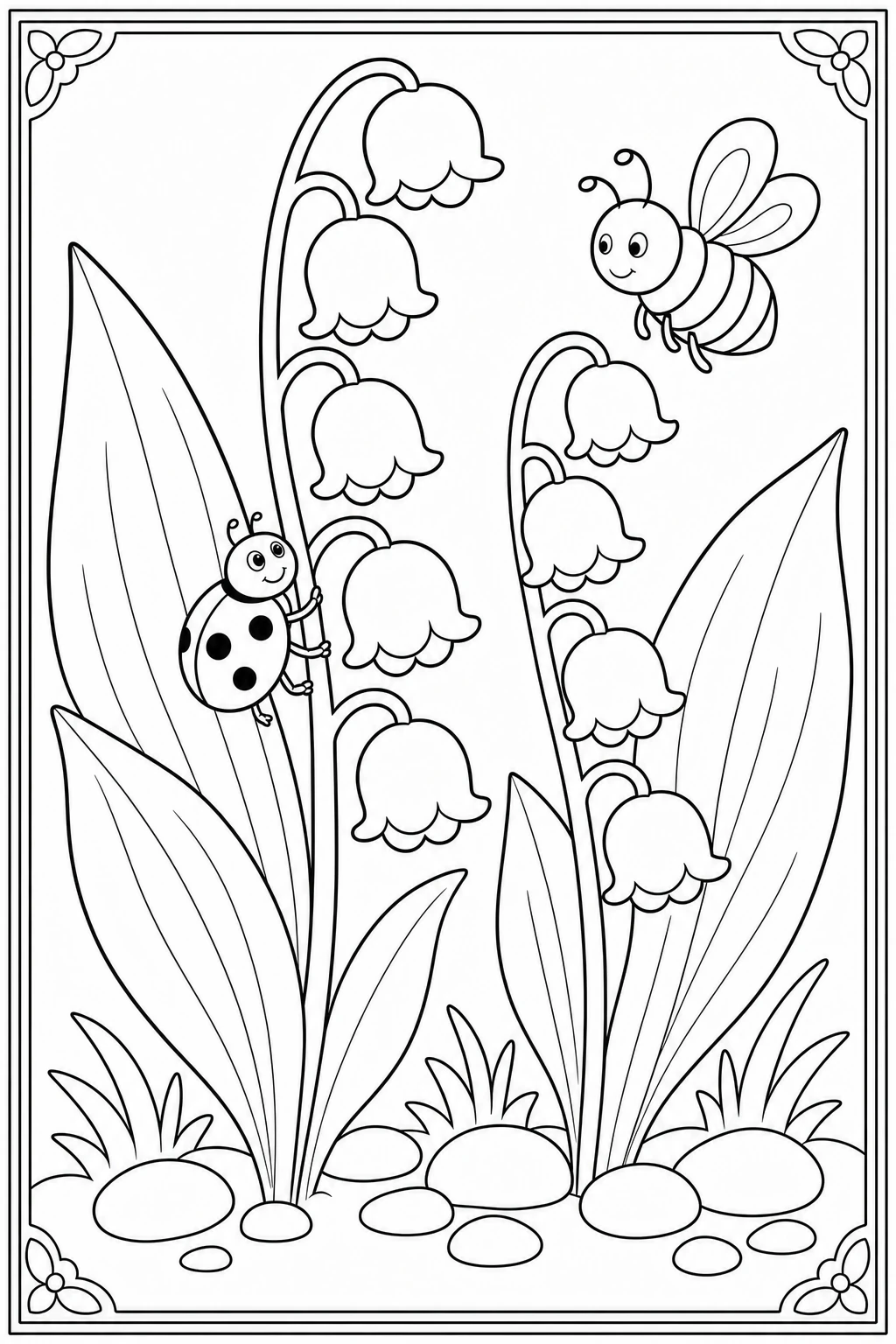 Coloriage muguet avec une coccinelle sur la tige à imprimer pour la maternelle