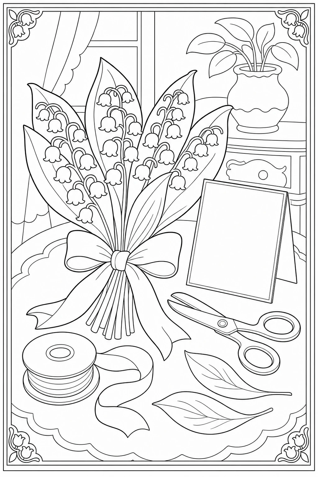Coloriage brins de muguet noués d'un ruban avec une carte à imprimer