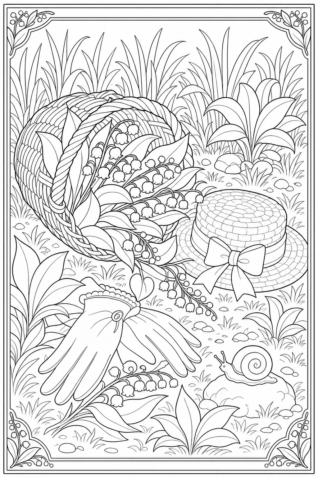 Coloriage panier rempli de muguet dans l'herbe à imprimer