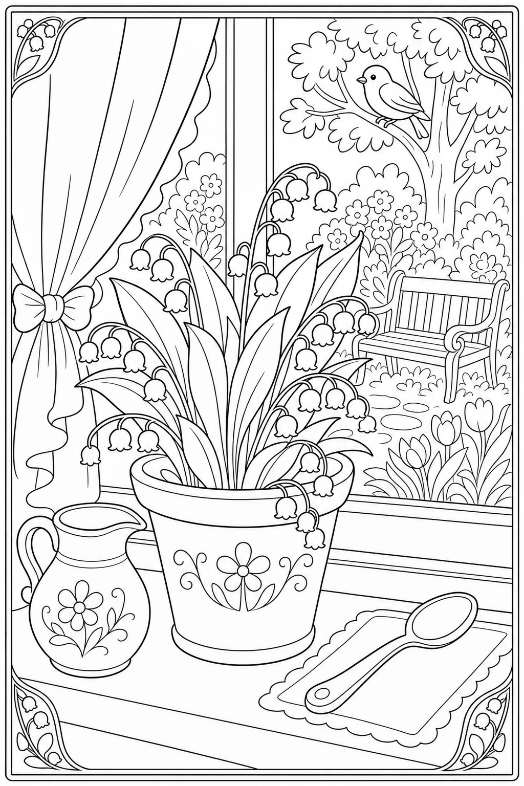 Coloriage pot de muguet en fleurs sur le rebord de la fenêtre à imprimer