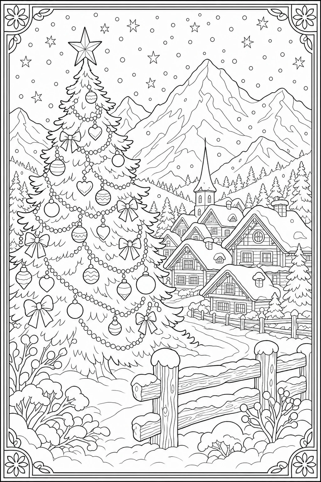 Coloriage paysage de Noël avec chalets de montagne à imprimer