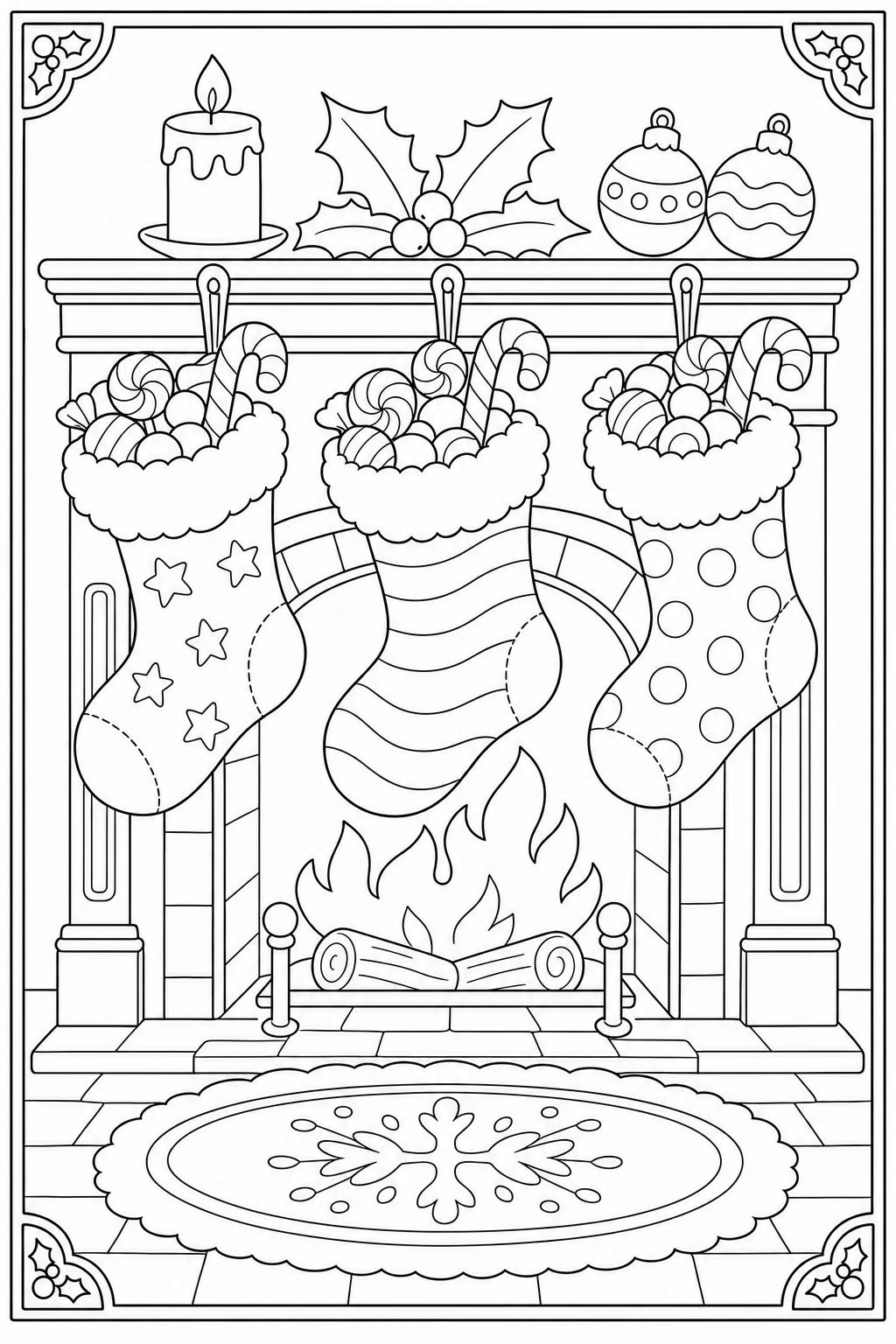 Coloriage chaussettes de Noël sur la cheminée facile à imprimer