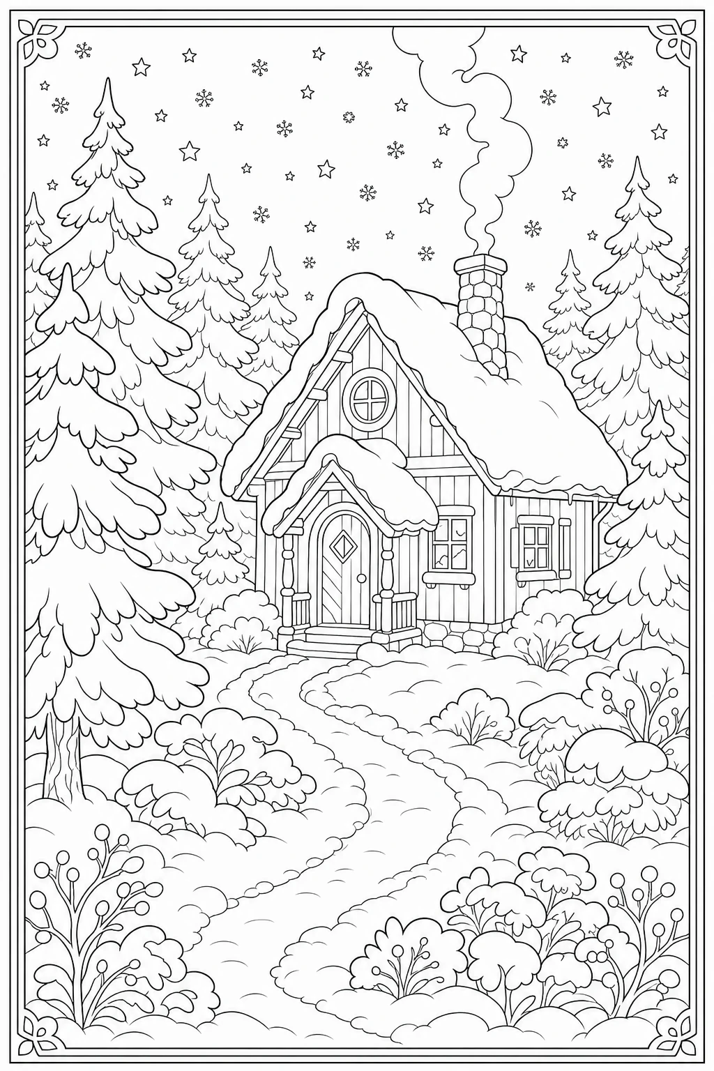 Coloriage chalet de Noël dans la forêt enneigée à imprimer