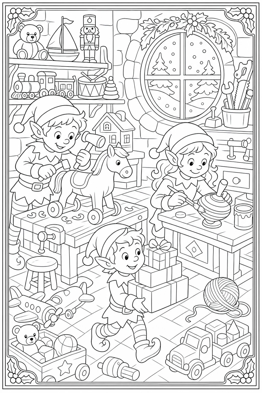 Coloriage lutins dans l'atelier du Père Noël à imprimer pour le CP