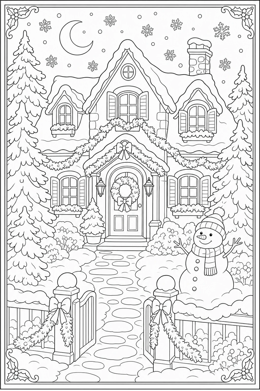 Coloriage maison de Noël illuminée à imprimer pour le CP