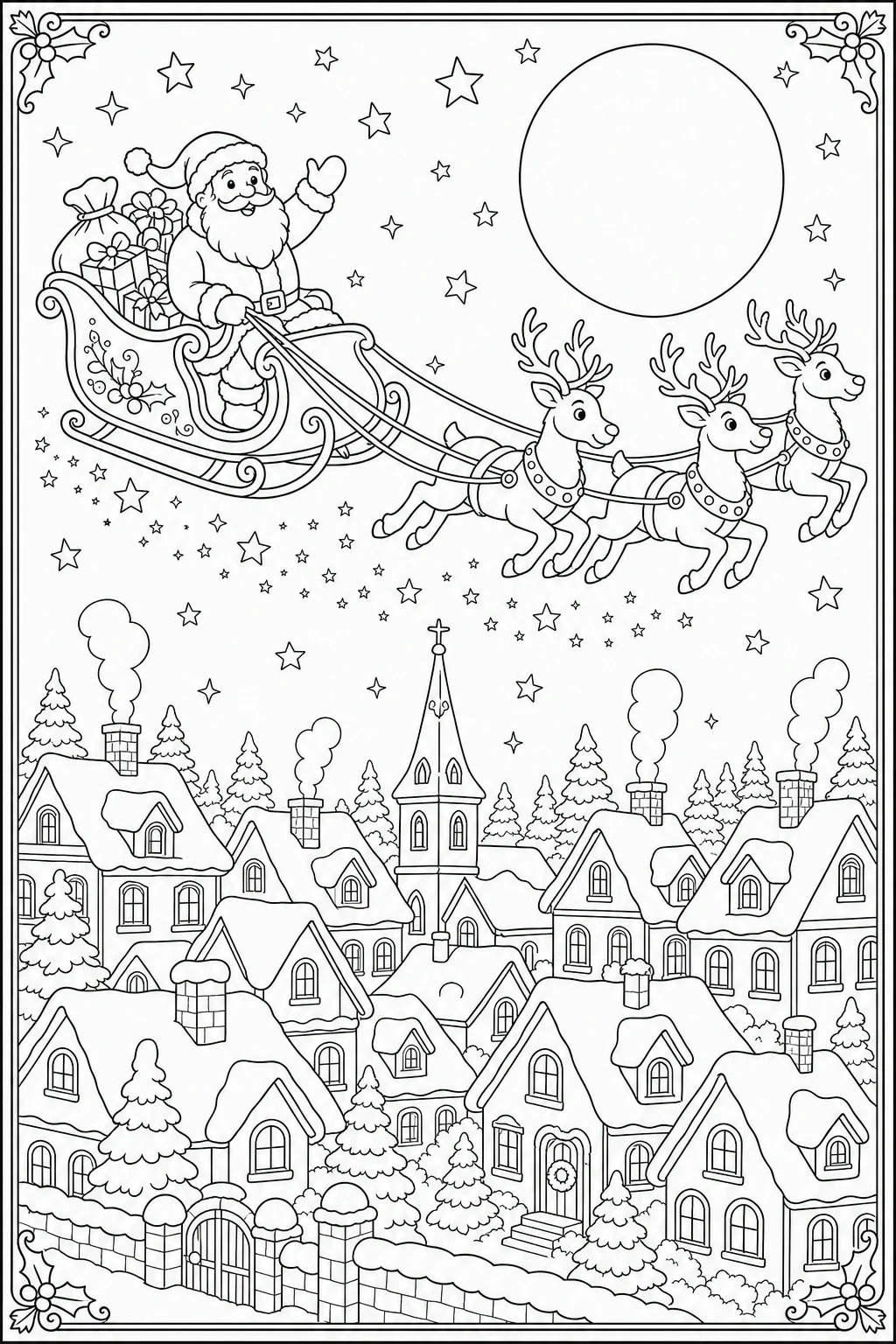 Coloriage traîneau du Père Noël au-dessus des toits la nuit de Noël à imprimer pour le CE1