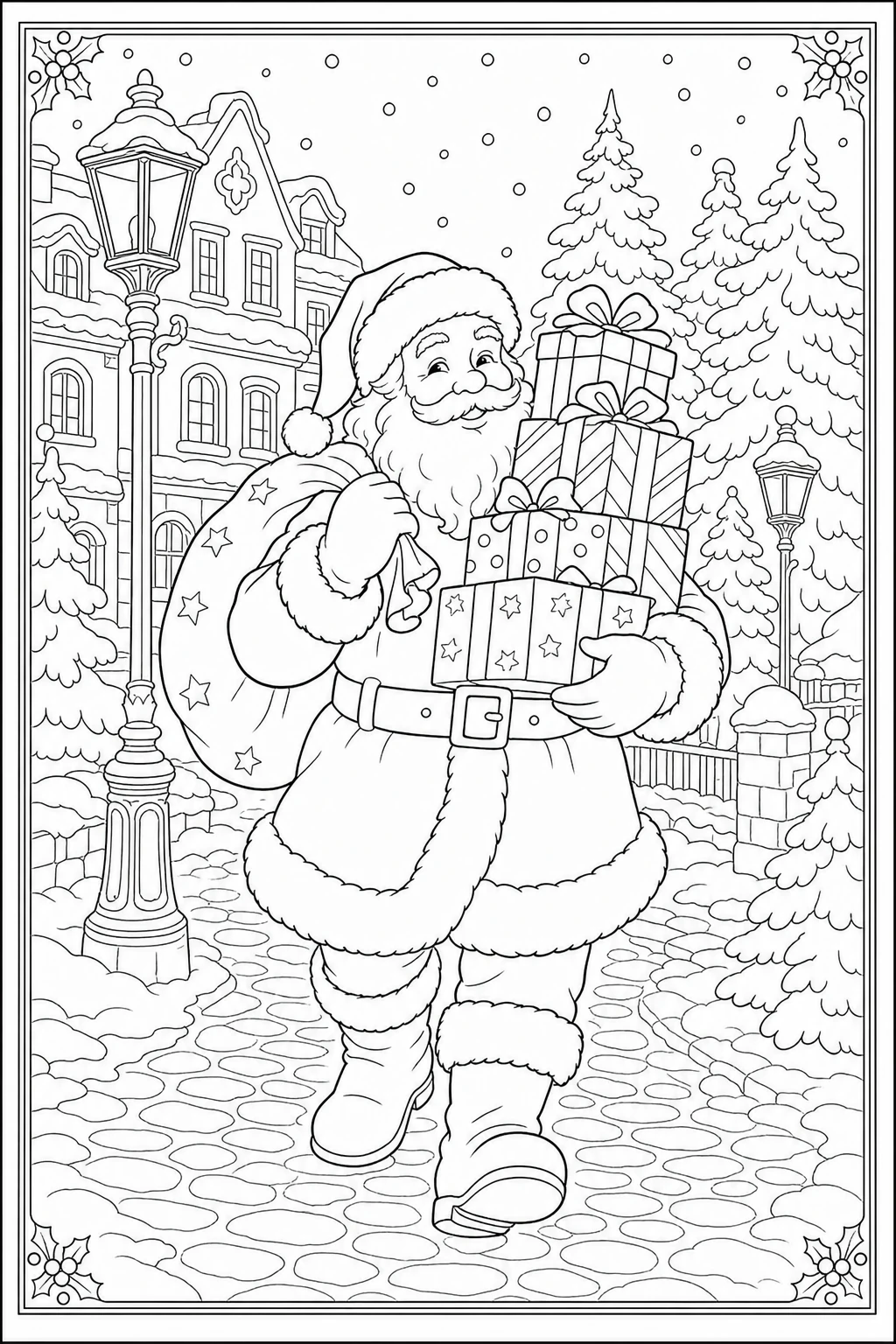 Coloriage du Père Noël portant une pile de cadeaux à imprimer