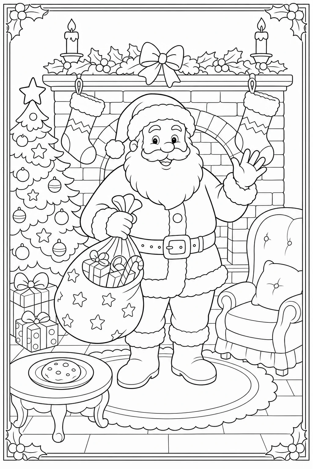 Coloriage Père Noël devant la cheminée avec sa hotte à imprimer