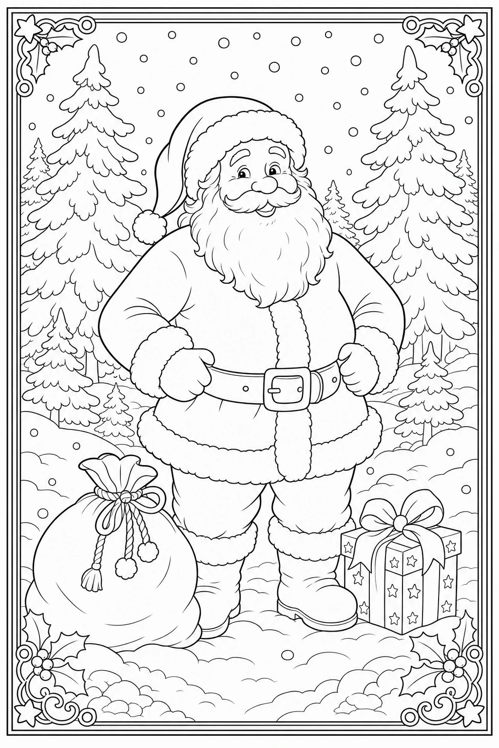 Coloriage Père Noël debout avec sa hotte à imprimer gratuitement