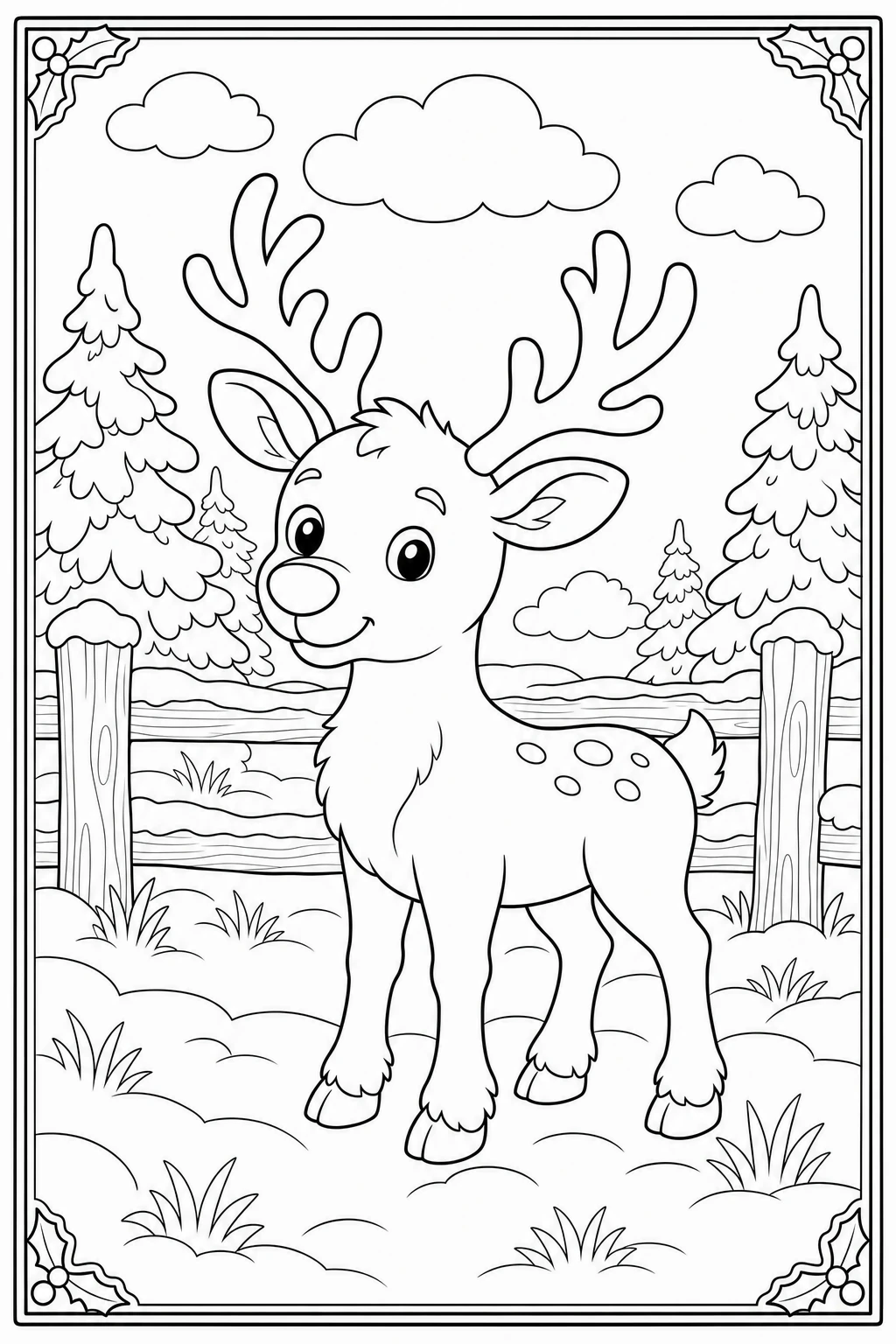Coloriage renne du Père Noël dans la neige à imprimer
