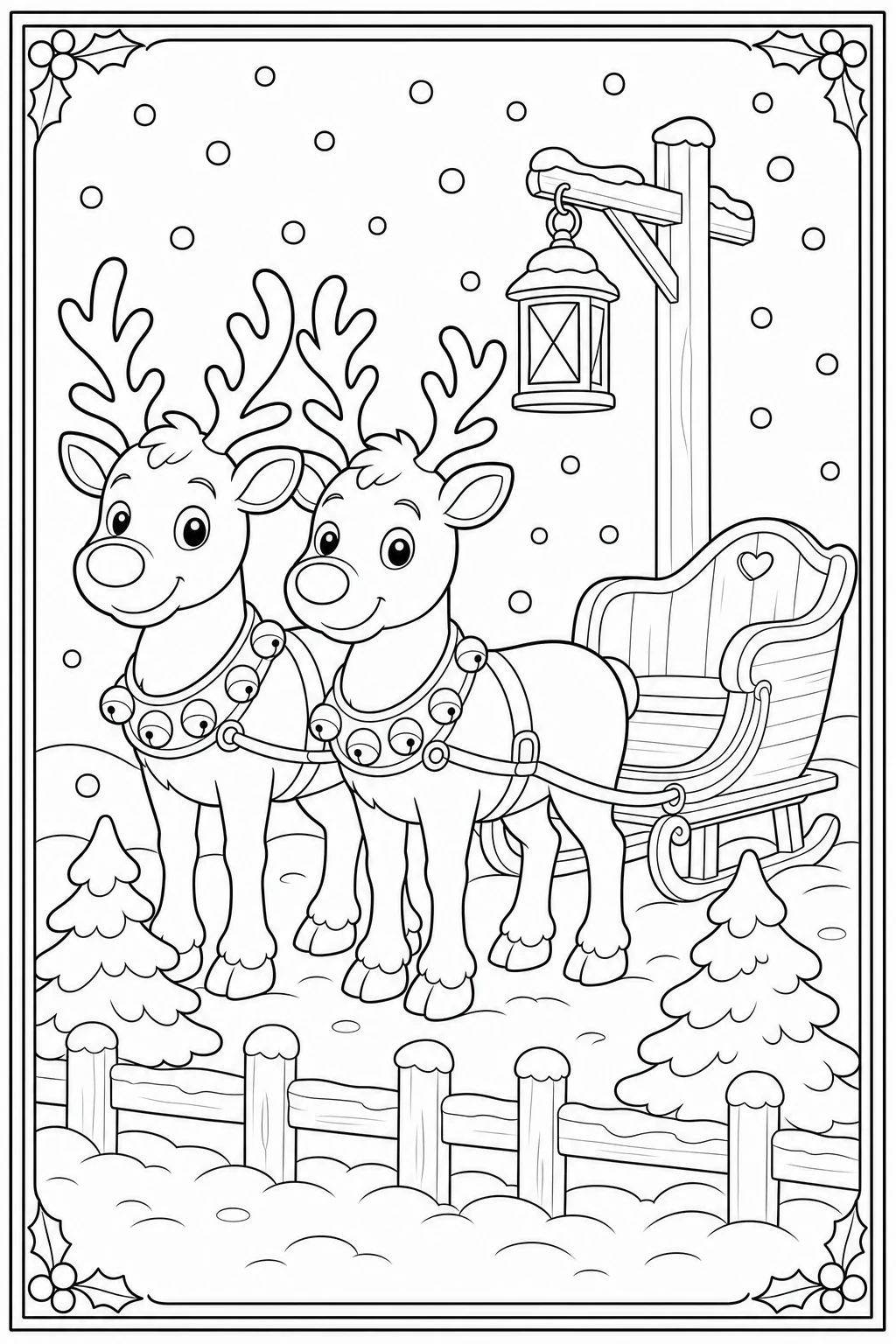 Coloriage rennes attelés au traîneau du Père Noël à imprimer pour la maternelle