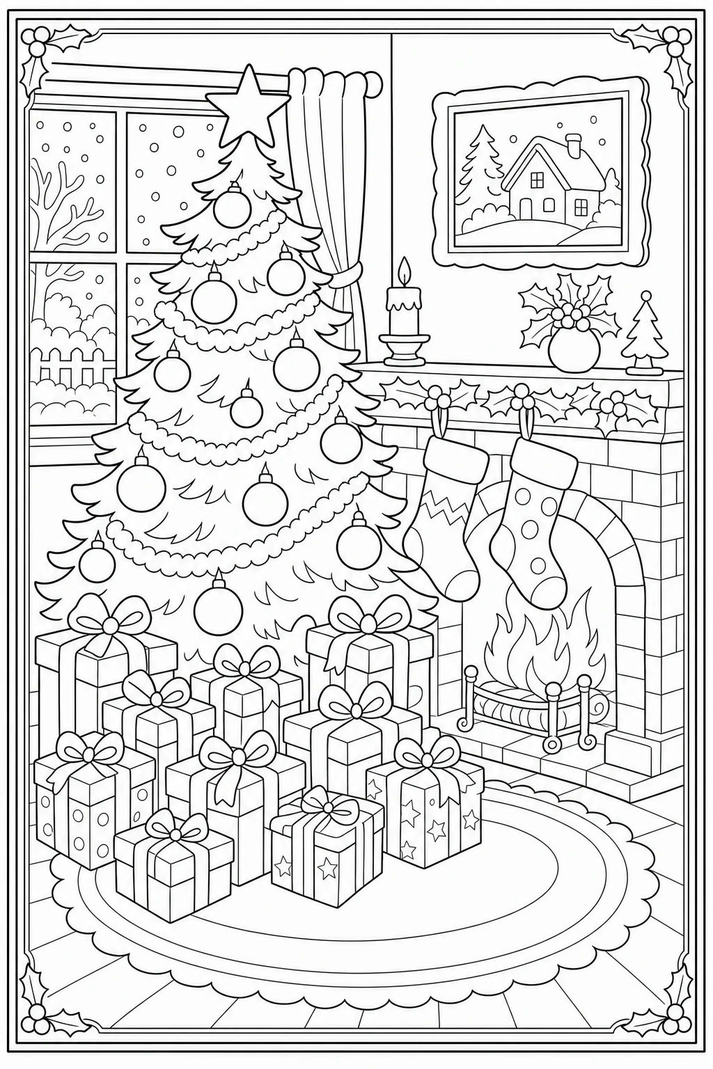 Coloriage sapin de Noël avec les cadeaux devant la cheminée à imprimer