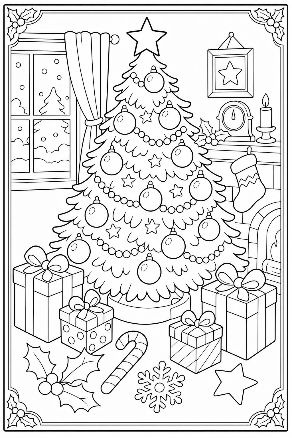 Coloriage sapin de Noël décoré avec son étoile à imprimer