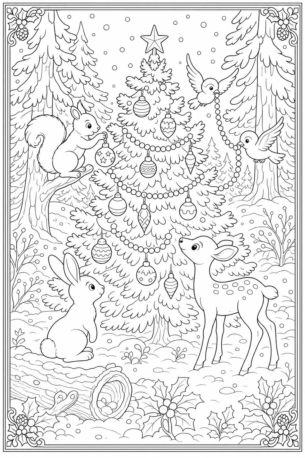 Coloriage sapin de Noël décoré par les animaux de la forêt à imprimer