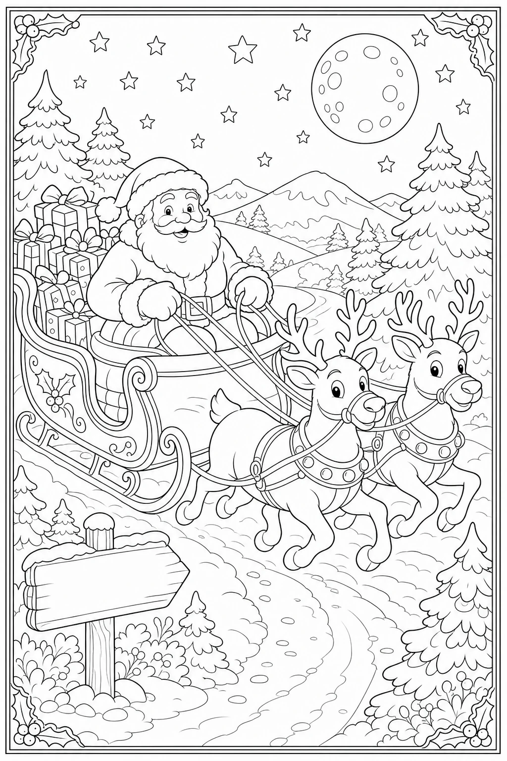Coloriage Père Noël et son traîneau tiré par les rennes à imprimer