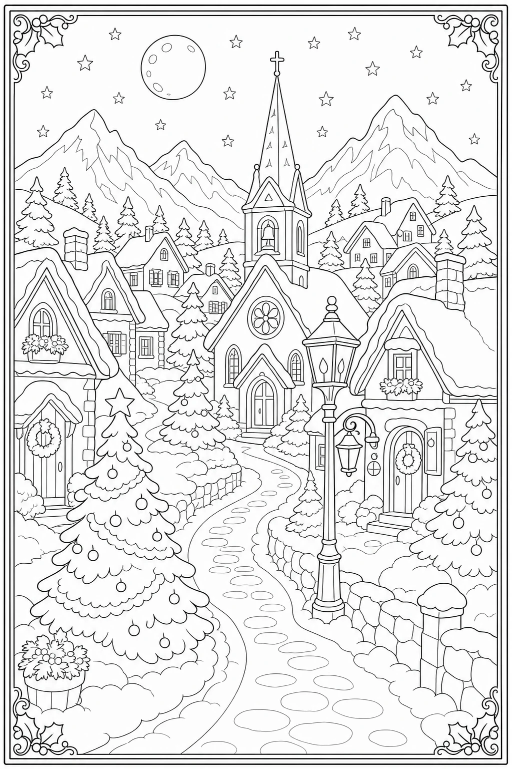 Coloriage village de Noël avec son église à imprimer pour le CE1