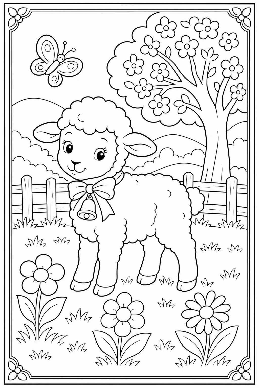 Coloriage agneau de Pâques dans la prairie à imprimer pour la maternelle