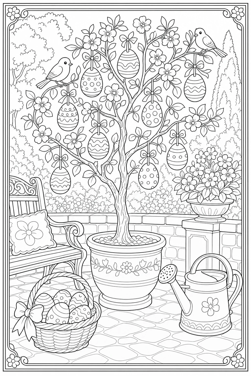 Coloriage arbre de Pâques avec ses œufs suspendus à imprimer