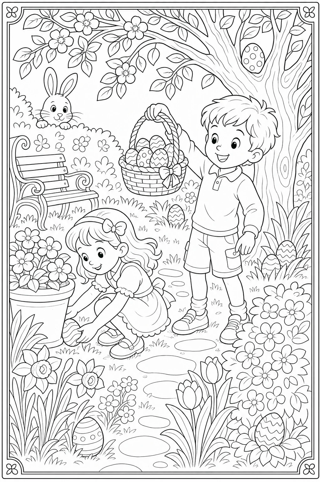 Coloriage chasse aux œufs de Pâques dans le jardin à imprimer