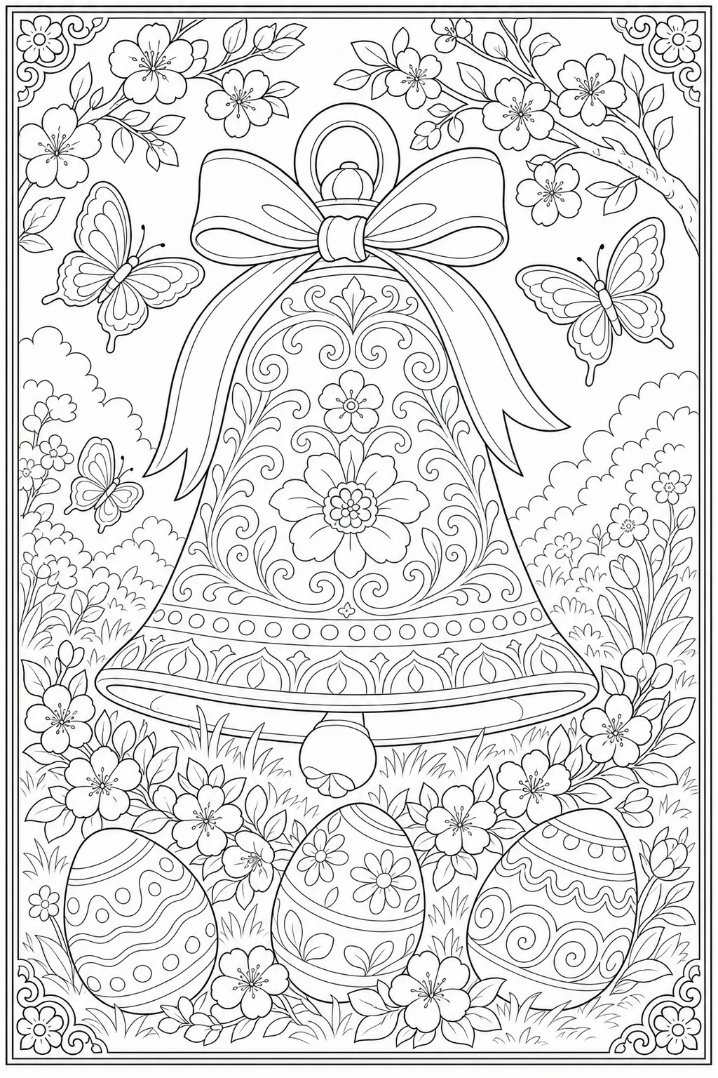 Coloriage grande cloche de Pâques fleurie à imprimer