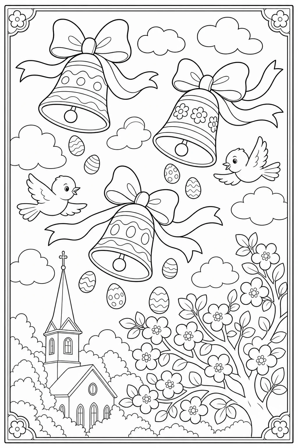 Coloriage cloches de Pâques volantes avec leurs rubans à imprimer