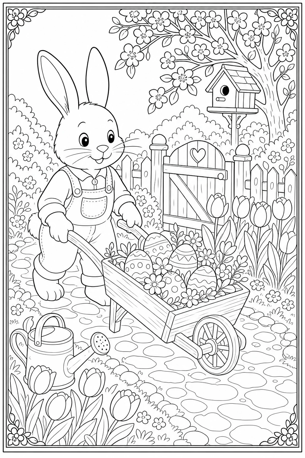 Coloriage lapin de Pâques avec sa brouette d'œufs à imprimer pour le CP