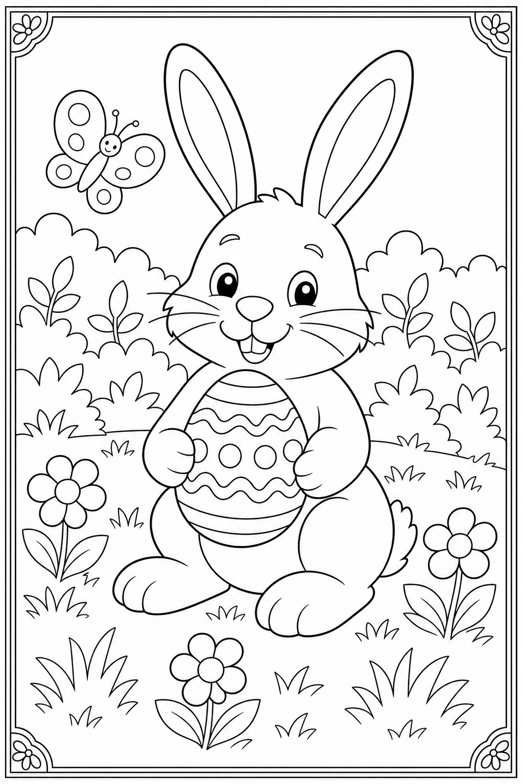 Coloriage lapin de Pâques tenant un œuf décoré à imprimer