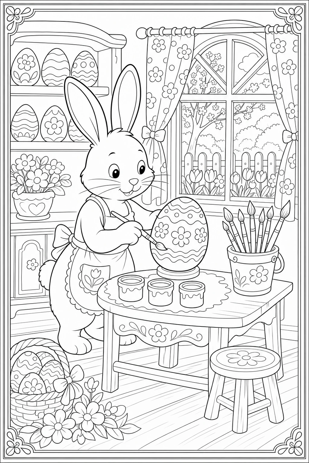 Coloriage lapin de Pâques qui peint les œufs à imprimer