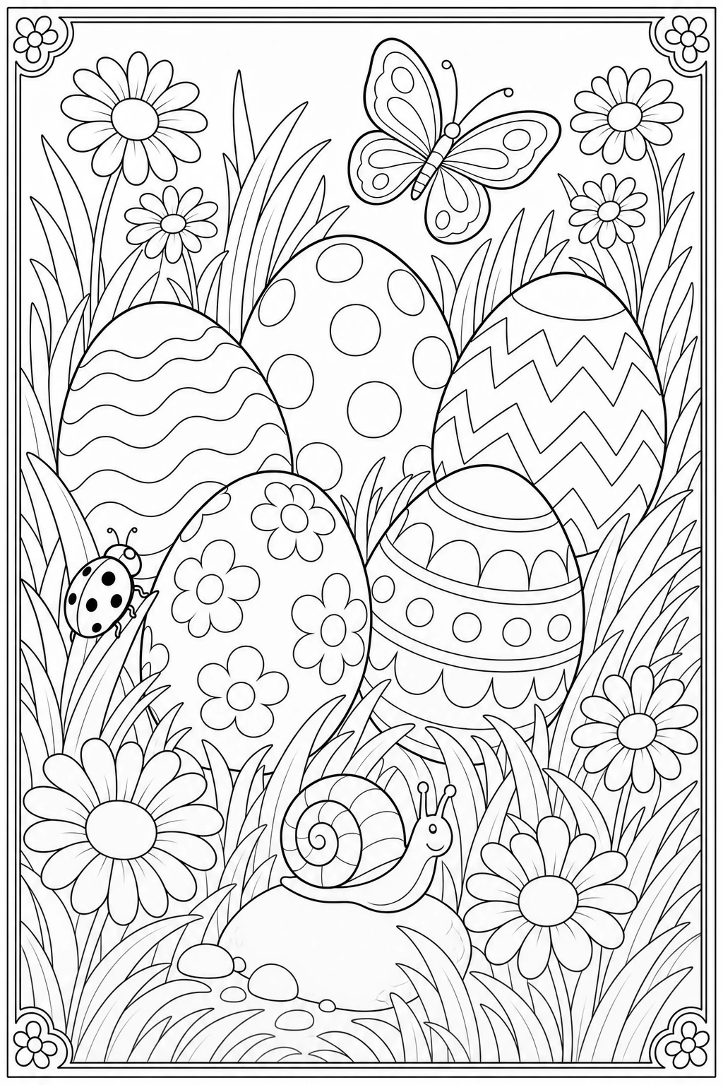 Coloriage œufs de Pâques cachés dans l'herbe à imprimer pour la petite section