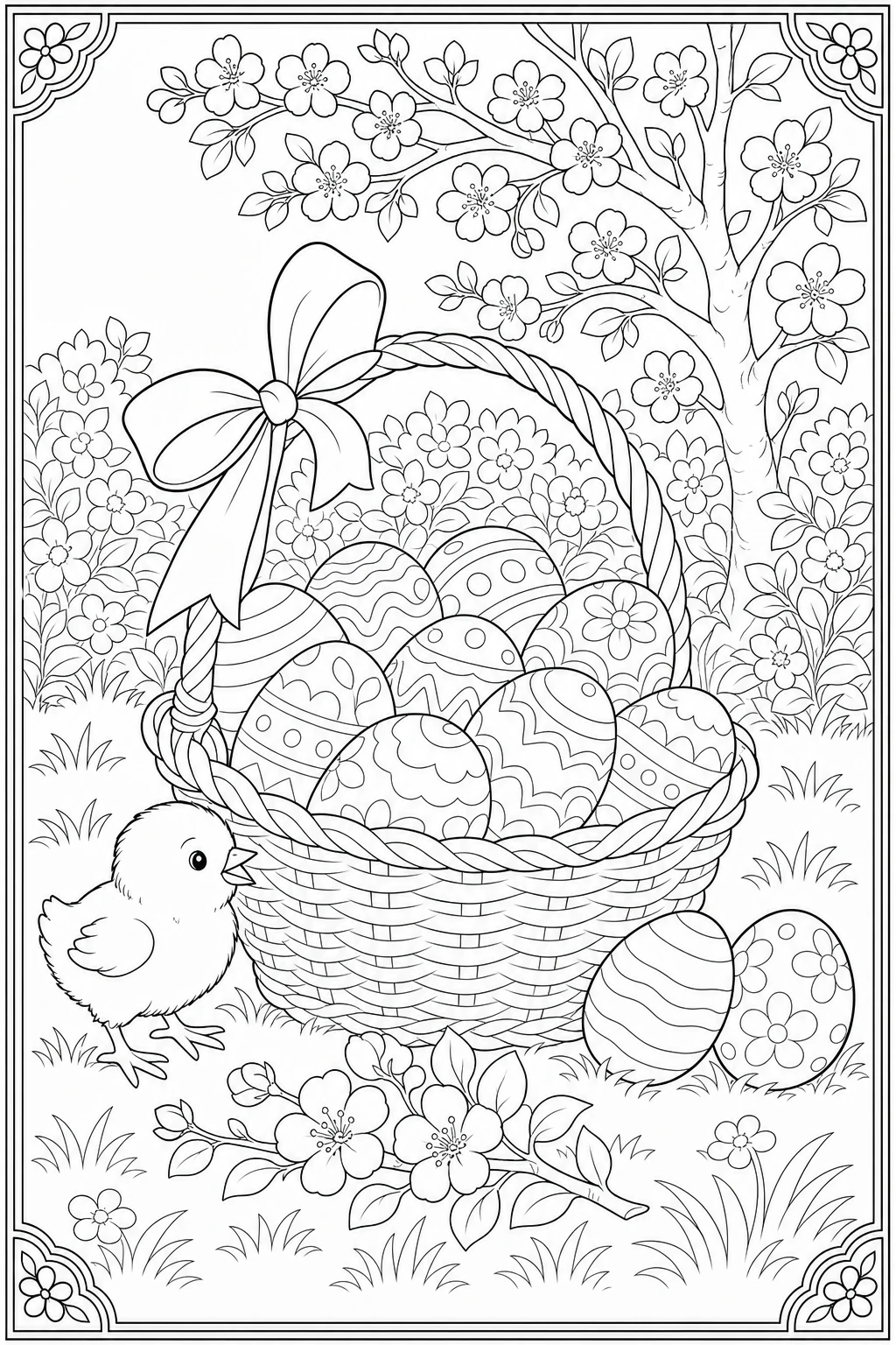Coloriage panier rempli d'œufs de Pâques à imprimer