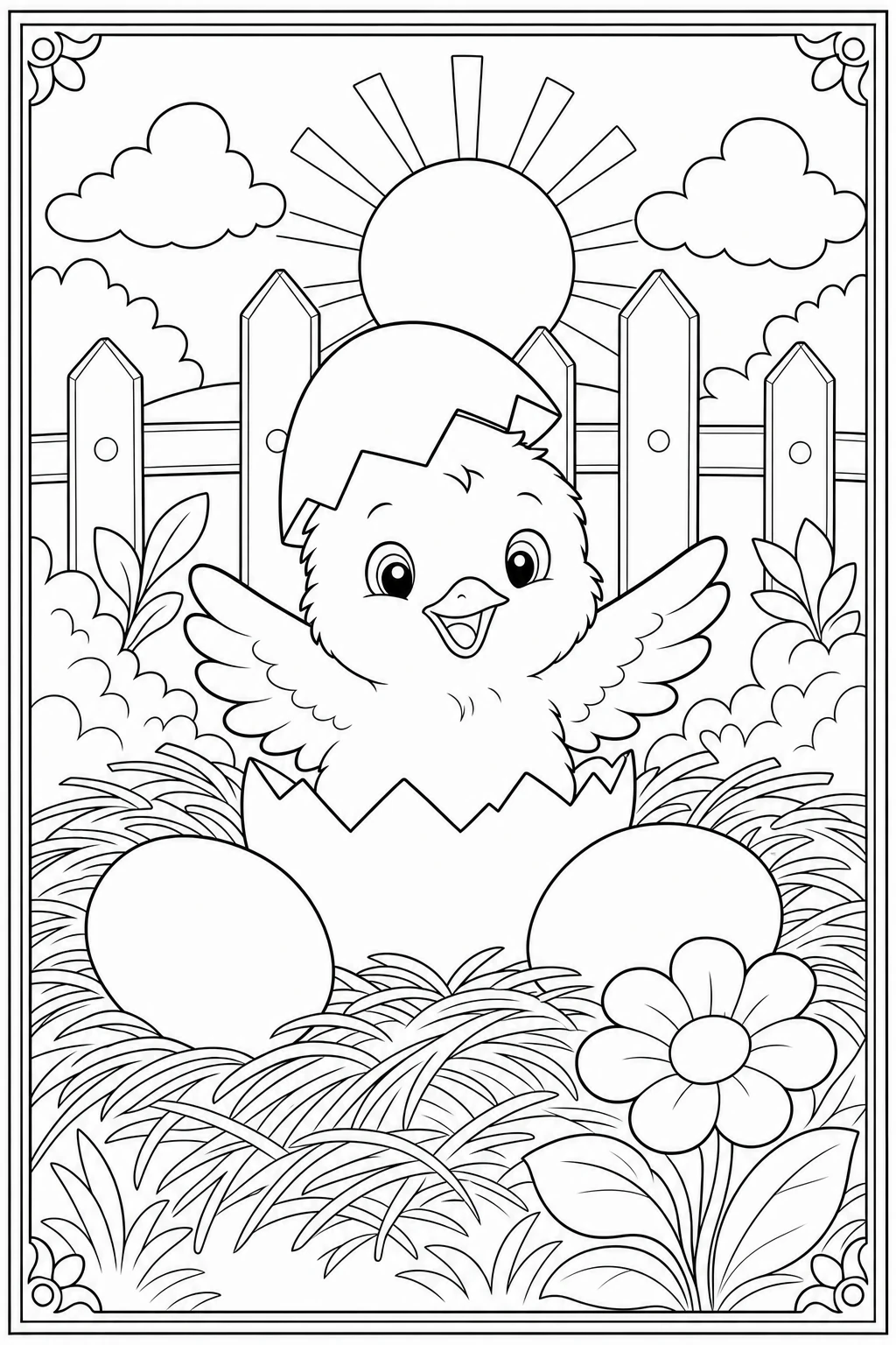 Coloriage poussin qui sort de sa coquille à imprimer pour la maternelle