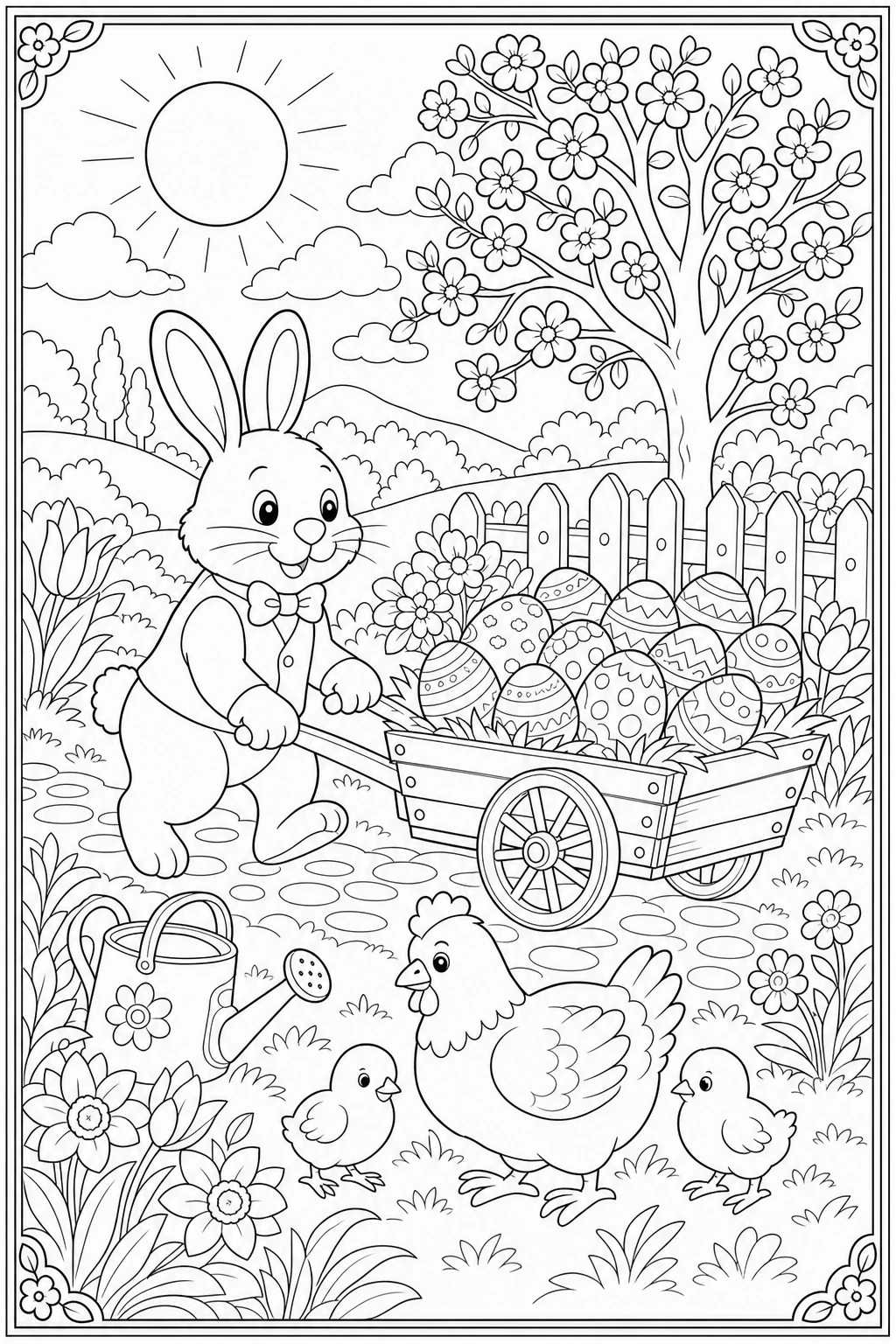 Coloriage scène de Pâques dans le jardin avec le lapin à imprimer