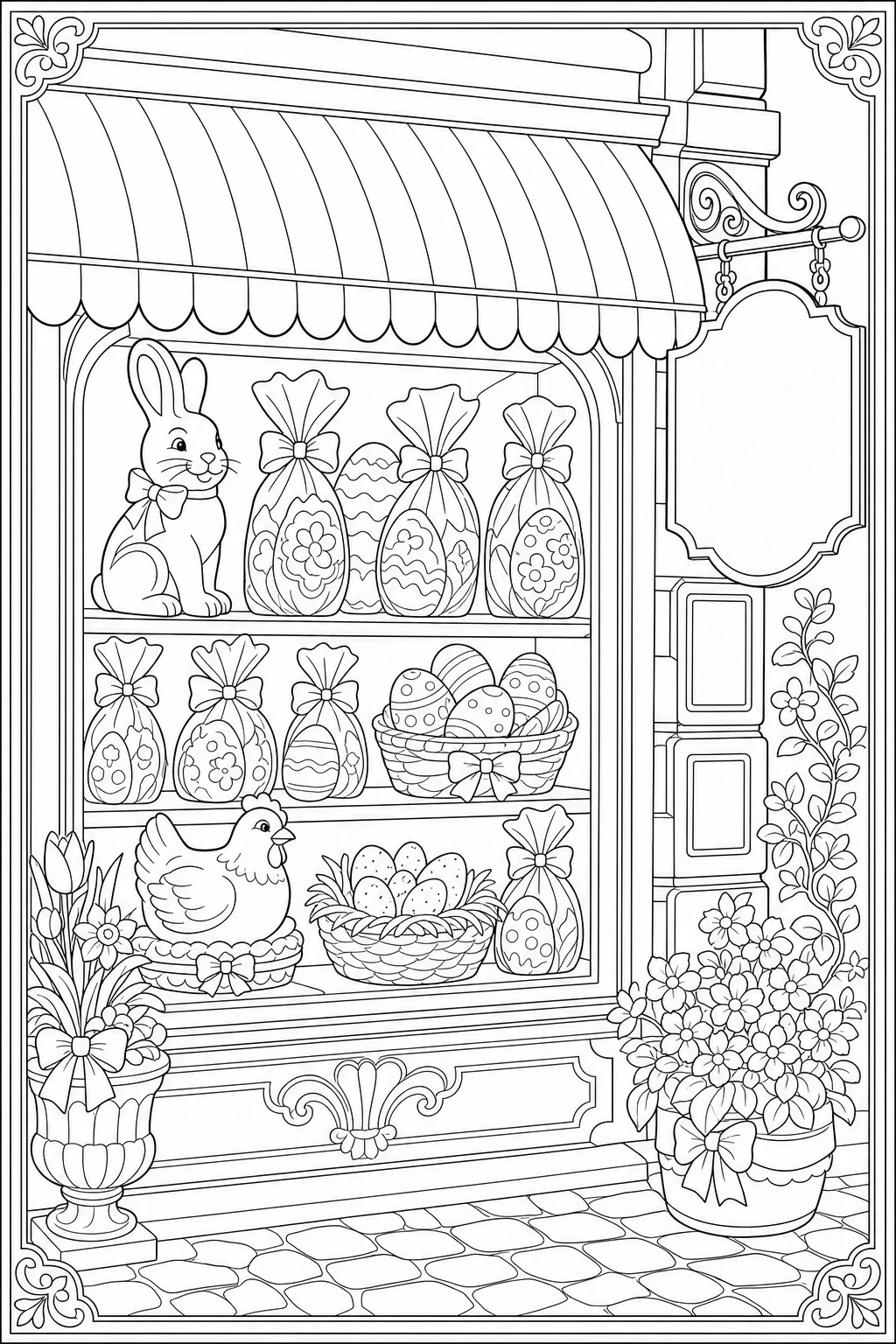 Coloriage vitrine du chocolatier à Pâques à imprimer pour le CE2