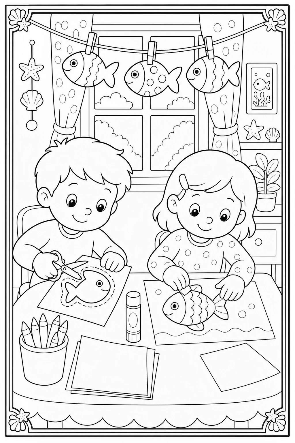 Coloriage atelier de fabrication de poissons en papier à imprimer