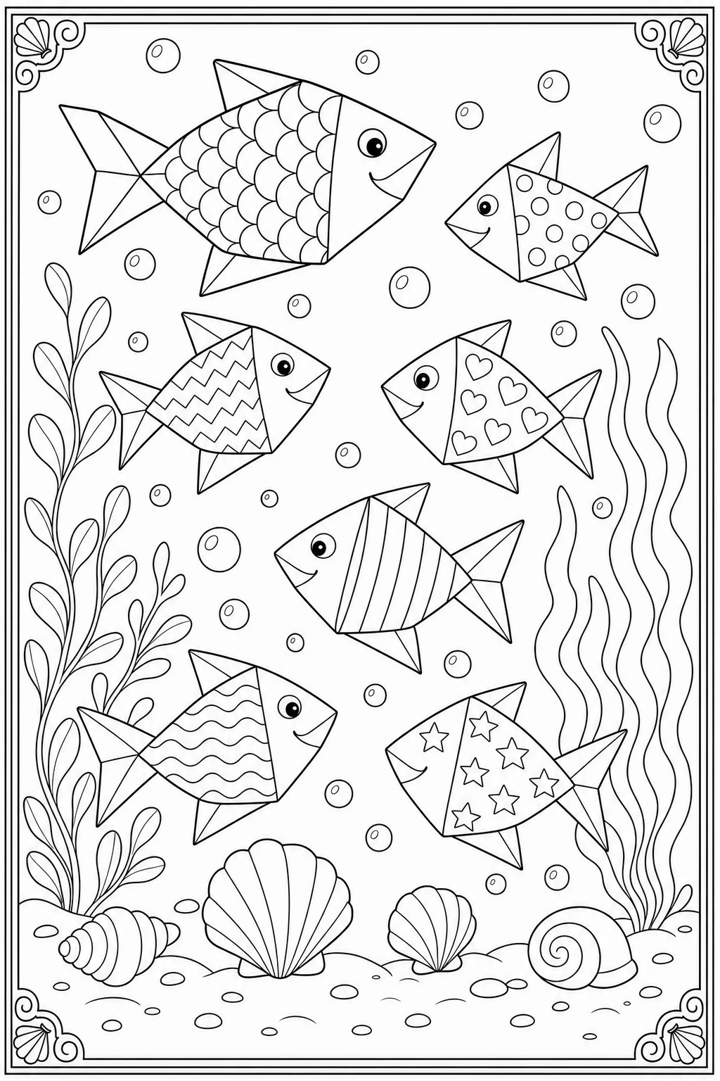 Coloriage banc de sept poissons d'avril à motifs différents à imprimer