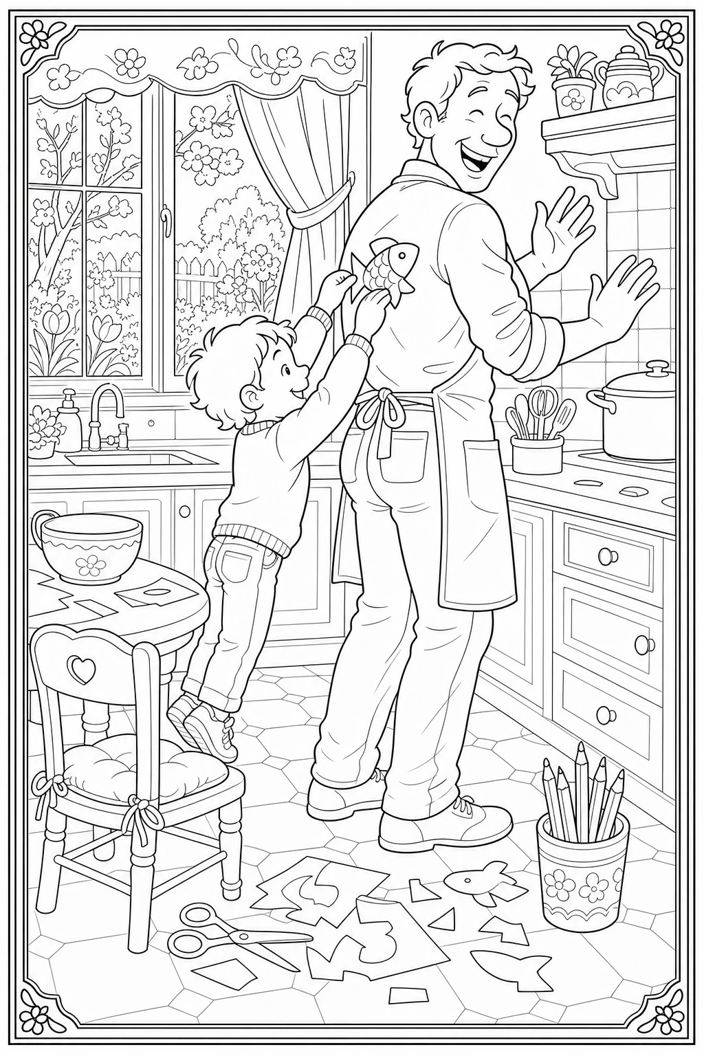Coloriage enfant qui accroche un poisson d'avril dans le dos à imprimer