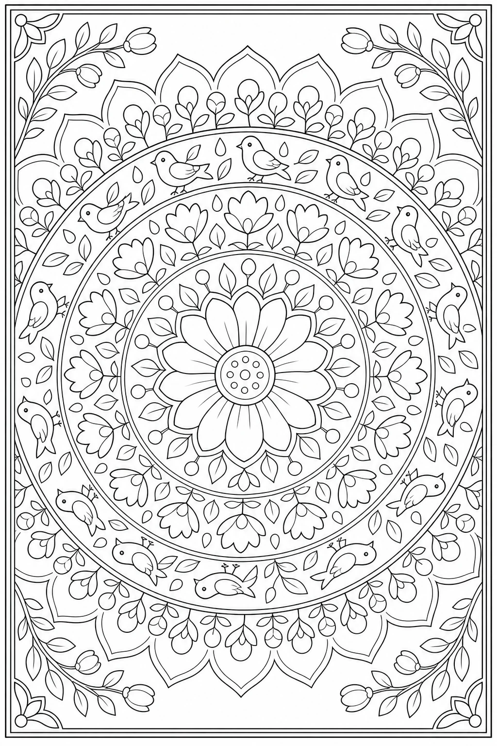 Coloriage mandala de printemps avec pétales et oiseaux à imprimer