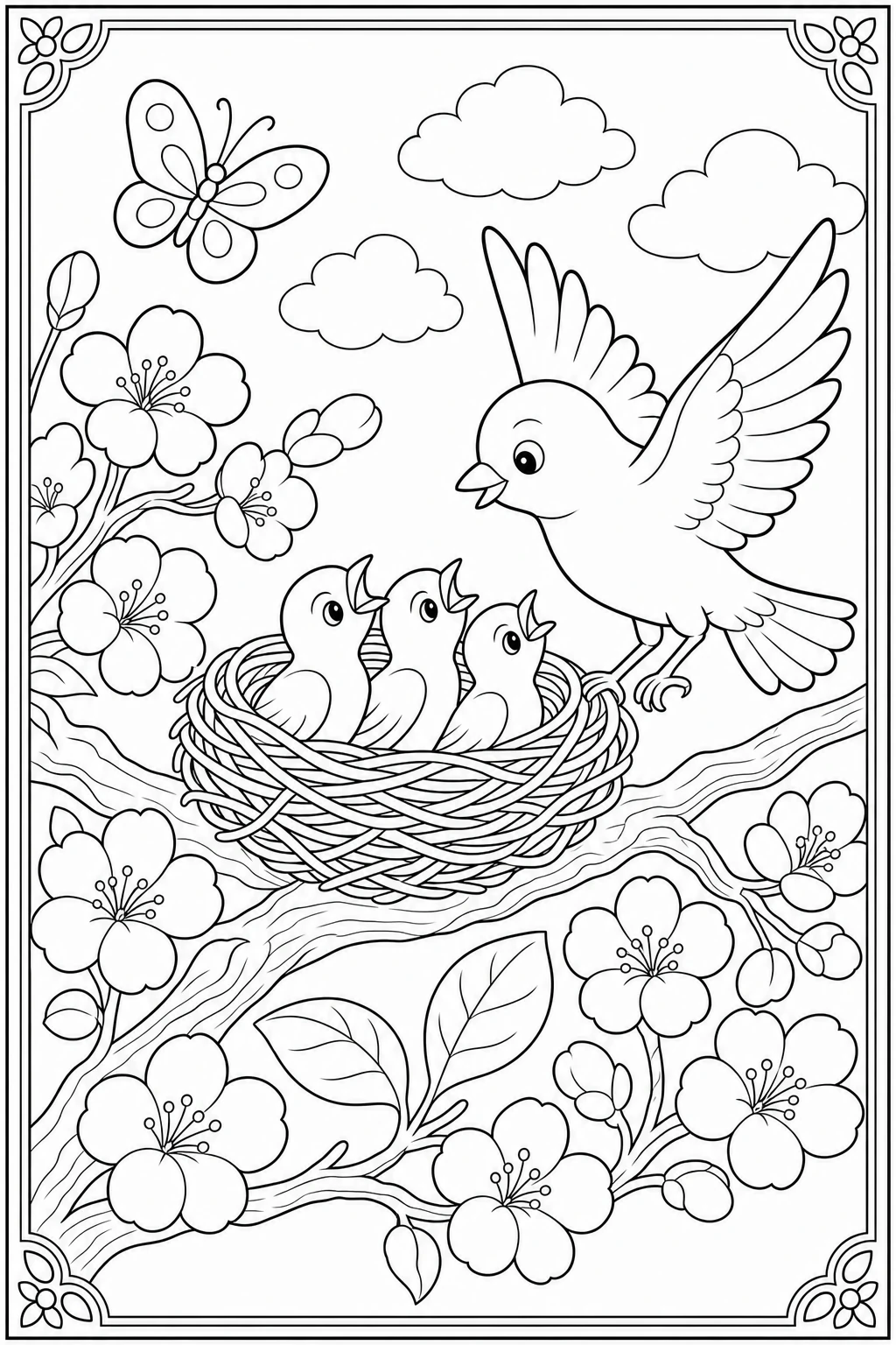 Coloriage nid d'oisillons sur une branche en fleurs à imprimer pour la maternelle